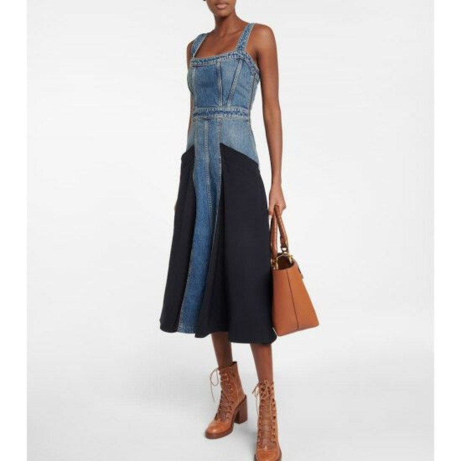 * Chloe Paneled Denim Midi Dress Dresses