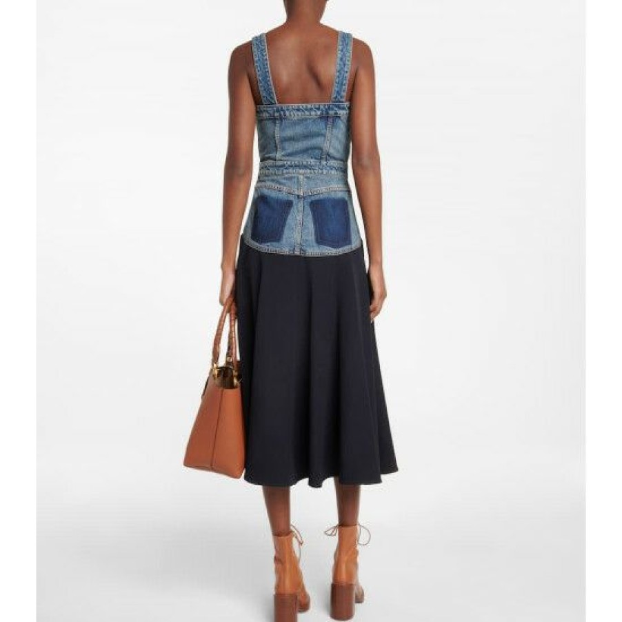 * Chloe Paneled Denim Midi Dress Dresses