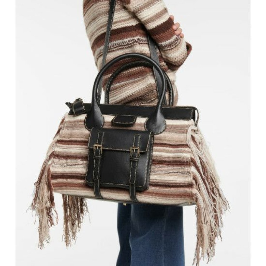 * Chloe Edith Large Fringe-Trimmed Striped Cashmere And Leather Tote Tote Bags