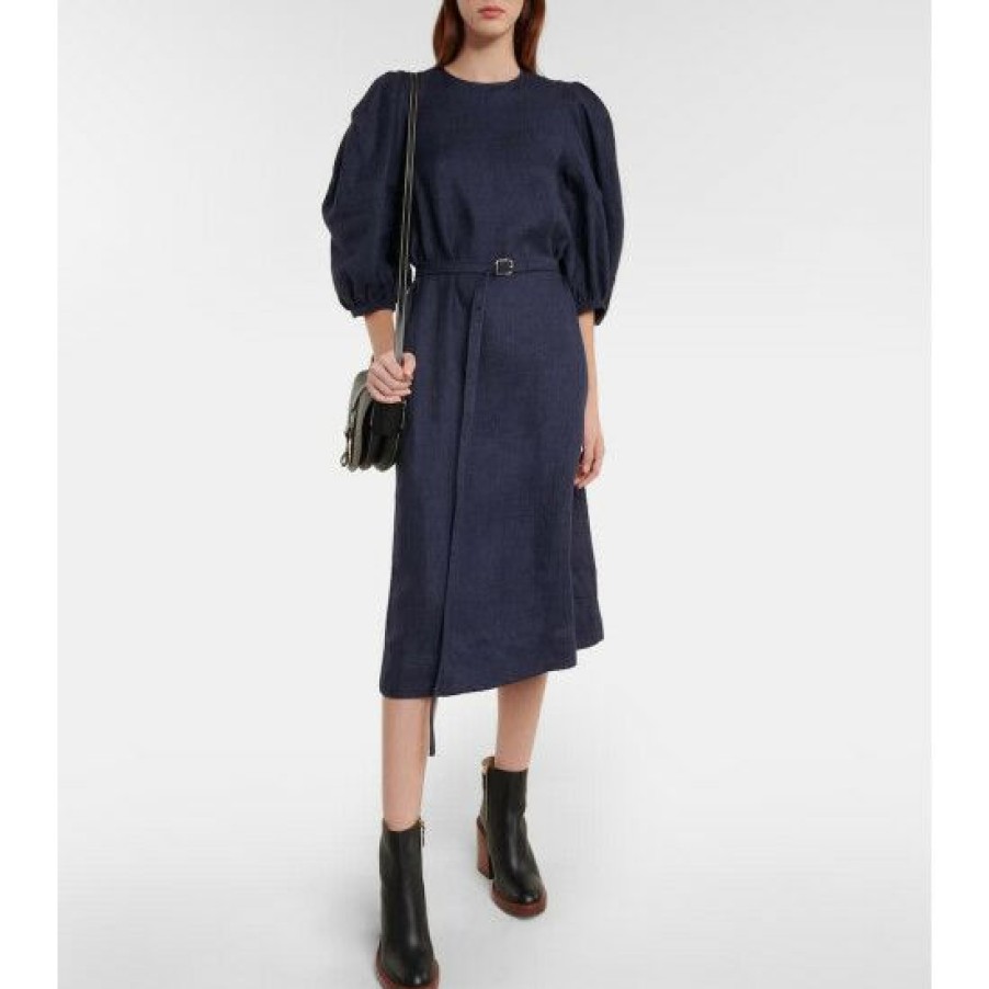 * Chloe Puff-Sleeve Linen Midi Dress Dresses