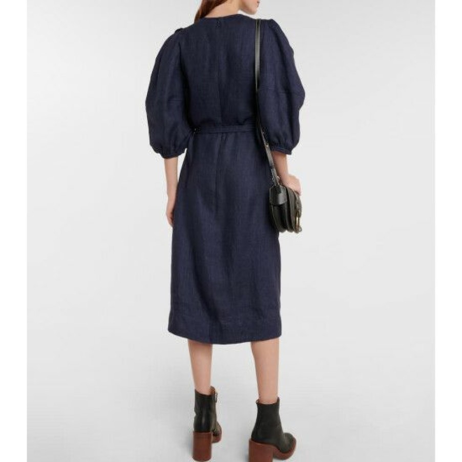 * Chloe Puff-Sleeve Linen Midi Dress Dresses