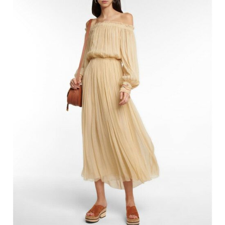 * Chloe Off-Shoulder Pleated Silk Midi Dress Dresses