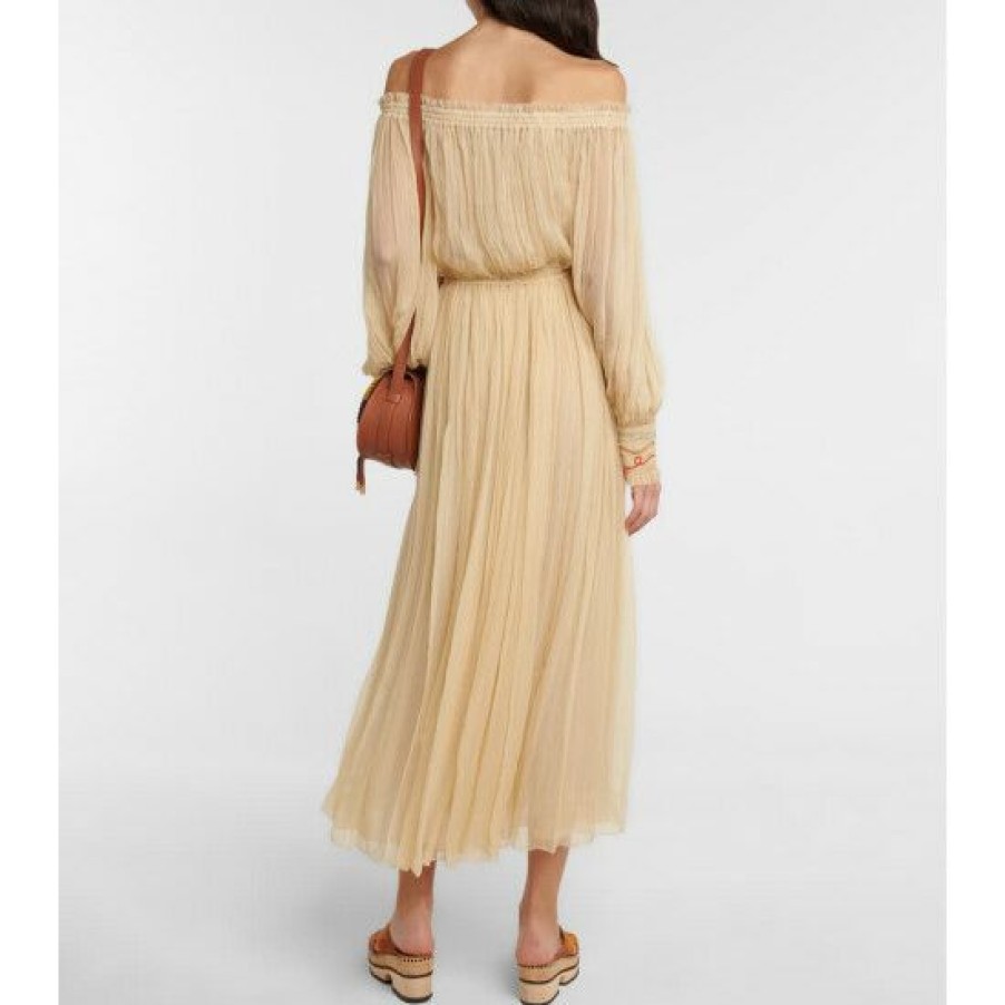 * Chloe Off-Shoulder Pleated Silk Midi Dress Dresses